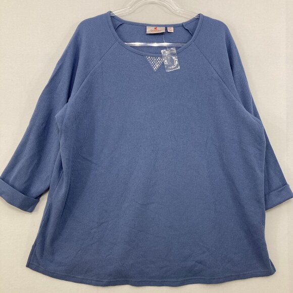 Quacker Factory size XL Blue Waffle Knit Stretch 3/4 Sleeve Embellished Blouse - Picture 1 of 10